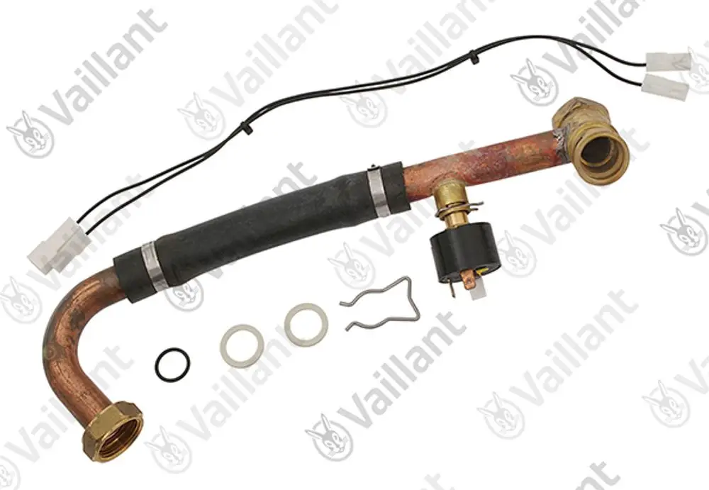 Vaillant Rohr mit Anschlüssen, kombiniert mit einem Ventil und Dichtungen, geeignet für Heizsysteme. Rückführung für Wasserversorgungssysteme.